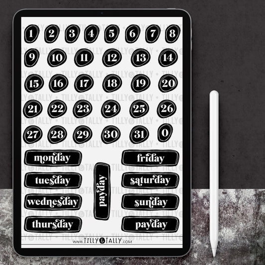 B&W Numbers and Weekdays Sticker Sheet